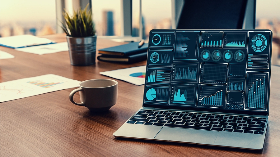 Business intelligence technology and big data analytic mixed media showing concept of futuristic information report using computer software to analyze strategic investment advice for decision making .