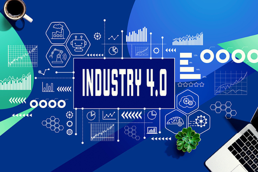 Industry 4.0 overlay with various ERP, CRM, WMS, and BI graphics representing manufacturing software solutions