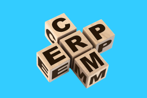 blocks with CRM and ERP, sharing the letter R. Represents the Acumatica CRM and ERP integration