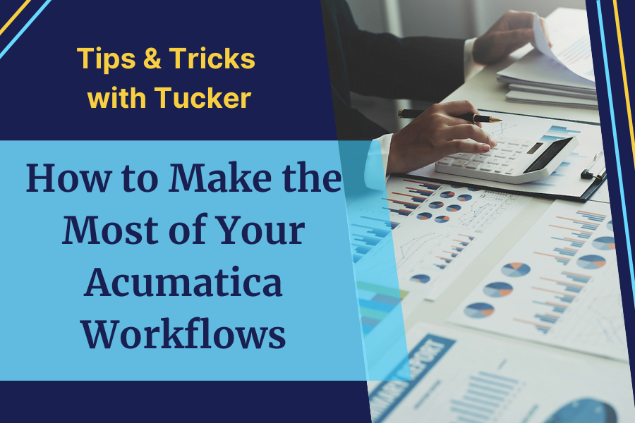 person at desk with charts and other dashboard printouts from computer. Acumatica Workflows