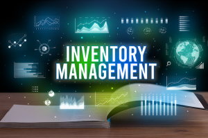 INVENTORY MANAGEMENT inscription coming out from an open book with overlay. AI inventory management